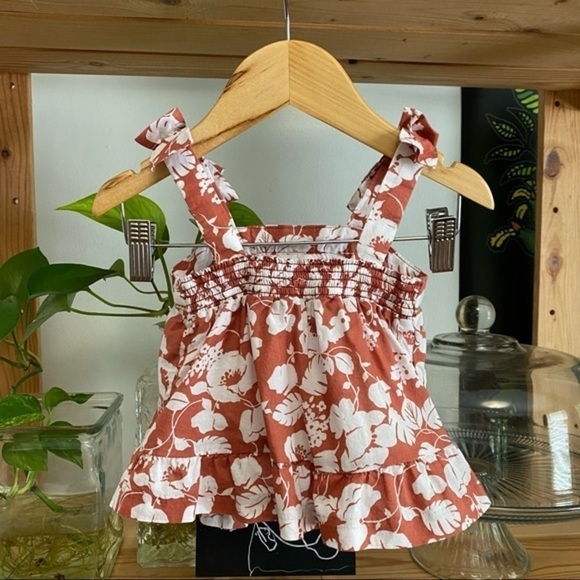 Janie and Jack Rust Orange Floral Print Ruffle Smocked Tank Top - Picture 3 of 10
